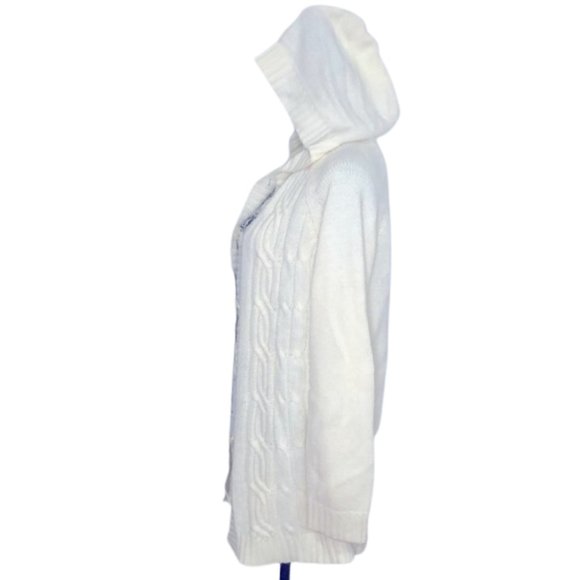 Cream Cable Knit Button Down Sweater With Hood - Picture 2 of 5